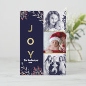 Blauw & Goud JOY 3 Drie foto vakantie Kerstmis Feestdagenkaart (Staand voorkant)