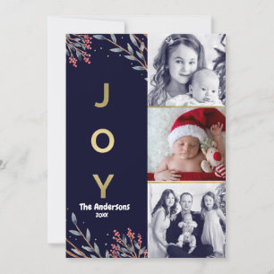 Blauw & Goud JOY 3 Drie foto vakantie Kerstmis Feestdagenkaart