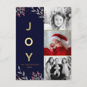 Blauw & Goud JOY 3 Drie foto vakantie Kerstmis Feestdagenkaart