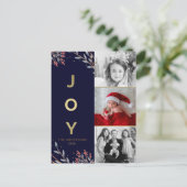 Blauw & Goud JOY 3 Drie foto vakantie Kerstmis Feestdagenkaart (Staand voorkant)