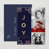 Blauw & Goud JOY 3 Drie foto vakantie Kerstmis Feestdagenkaart (Voorkant / Achterkant)