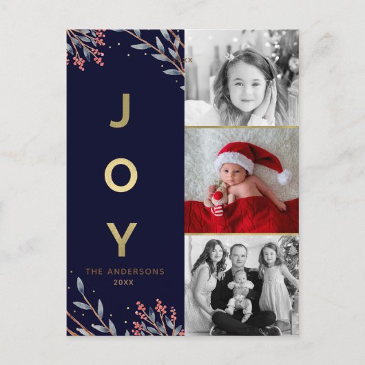 Blauw & Goud JOY 3 Drie foto vakantie Kerstmis Feestdagenkaart (Voorkant)