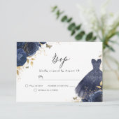 Blauw & Goud Jurk Roze Verjaardag Bruidsfeest RSVP Kaartje (Staand voorkant)