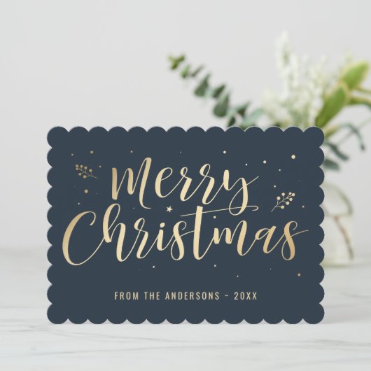 Blauw Goud Kalligrafie Vrolijk Kerstfeest Feestdagenkaart (Staand voorkant)