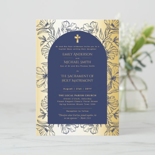 Blauw Goud Katholiek Nuptial Mass Bruiloft Kaart (Staand voorkant)