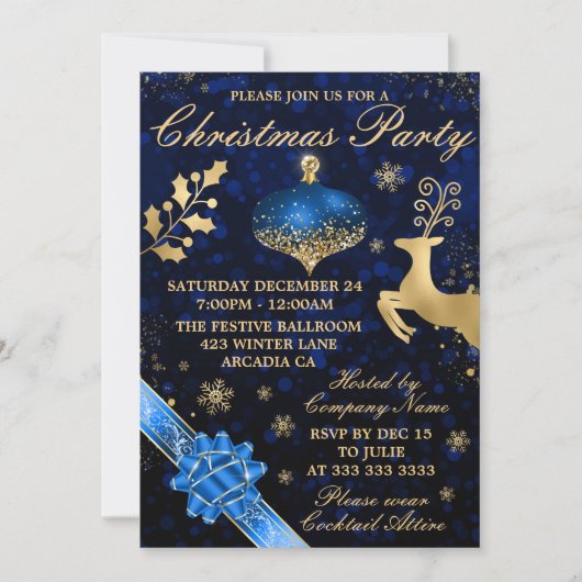 Blauw & Goud Kerstbal & Lint Kerstfeest Kaart (Voorkant)