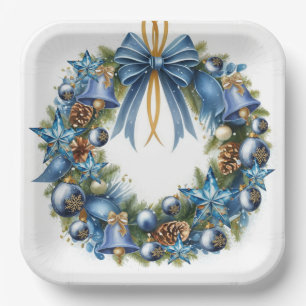 Blauw & Goud Kerstkrans Vierkante Papieren Borden Bordje