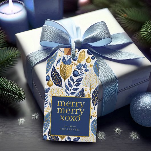 Blauw Goud Kerstmis Vrolijk Patroon#21 ID1009 Cadeaulabel