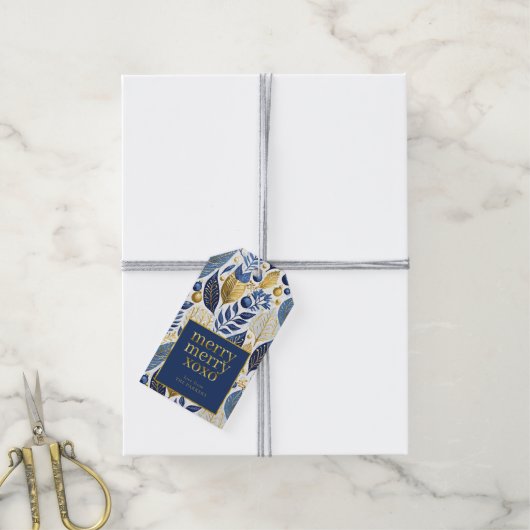 Blauw Goud Kerstmis Vrolijk Patroon#21 ID1009 Cadeaulabel (Met Touw)