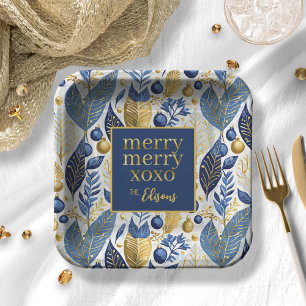 Blauw Goud Kerstmis Vrolijk Patroon#21 ID1009 Papieren Bordje