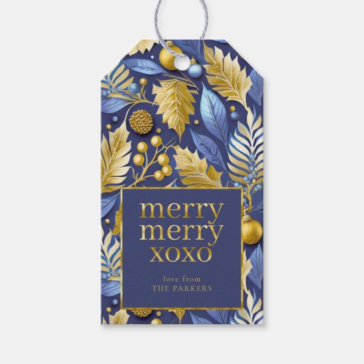 Blauw Goud Kerstmis Vrolijk Patroon#22 ID1009 Cadeaulabel (Voorkant)