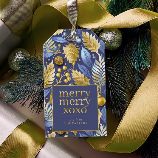 Blauw Goud Kerstmis Vrolijk Patroon#22 ID1009 Cadeaulabel