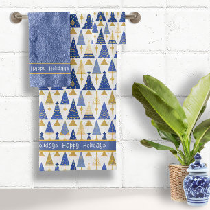 Blauw Goud Kerstmis Vrolijk Patroon#25 ID1009 Bad Handdoek