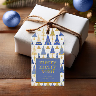 Blauw Goud Kerstmis Vrolijk Patroon#25 ID1009 Cadeaulabel
