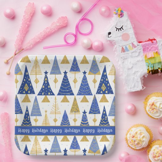 Blauw Goud Kerstmis Vrolijk Patroon#25 ID1009 Papieren Bordje (Feest)