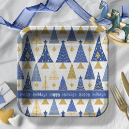 Blauw Goud Kerstmis Vrolijk Patroon#25 ID1009 Papieren Bordje