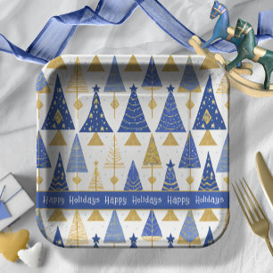 Blauw Goud Kerstmis Vrolijk Patroon#25 ID1009 Papieren Bordje