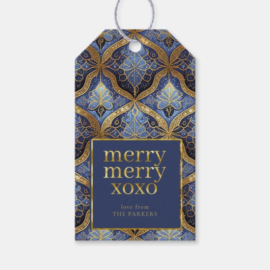Blauw Goud Kerstmis Vrolijk Patroon#31 ID1009 Cadeaulabel (Voorkant)