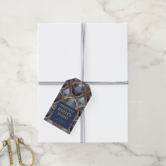 Blauw Goud Kerstmis Vrolijk Patroon#31 ID1009 Cadeaulabel (Met Touw)