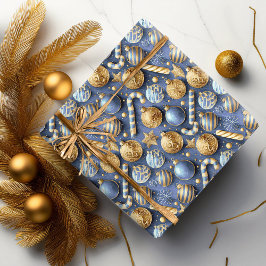 Blauw Goud Kerstmispatroon#12 ID1009 Cadeaupapier