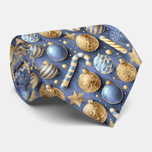 Blauw Goud Kerstmispatroon#12 ID1009 Stropdas (Opgerold)