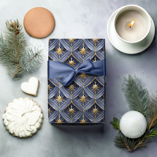 Blauw Goud Kerstmispatroon#16 ID1009 Cadeaupapier