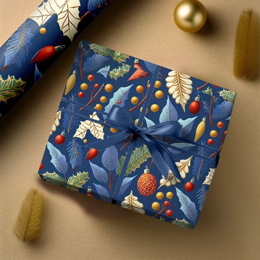 Blauw Goud Kerstmispatroon#18 ID1009 Cadeaupapier