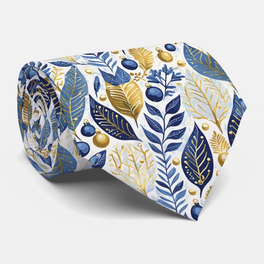 Blauw Goud Kerstmispatroon#21 ID1009 Stropdas (Opgerold)