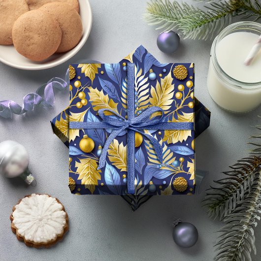 Blauw Goud Kerstmispatroon#22 ID1009 Cadeaupapier
