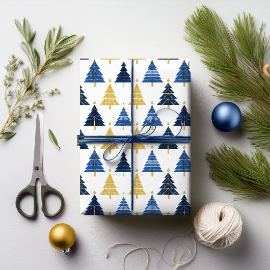 Blauw Goud Kerstmispatroon#24 ID1009 Cadeaupapier