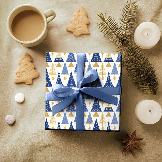 Blauw Goud Kerstmispatroon#25 ID1009 Cadeaupapier