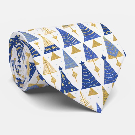 Blauw Goud Kerstmispatroon#25 ID1009 Stropdas (Opgerold)