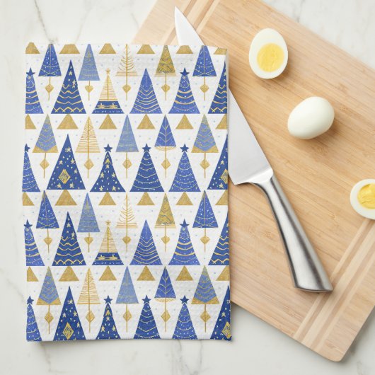 Blauw Goud Kerstmispatroon#25 ID1009 Theedoek (Quarter Fold)