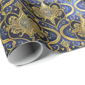 Blauw Goud Kerstmispatroon#30 ID1009 Cadeaupapier (Rol Hoek)