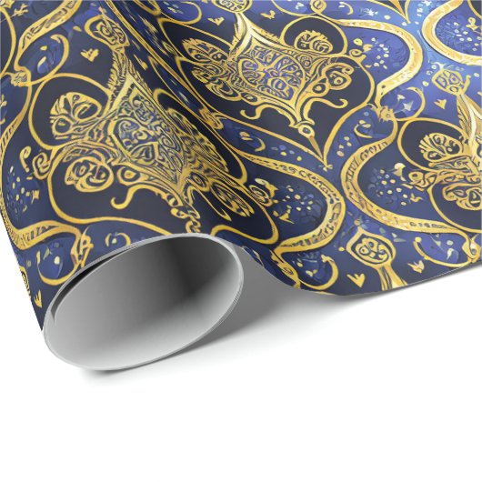 Blauw Goud Kerstmispatroon#30 ID1009 Cadeaupapier (Rol Hoek)