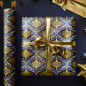 Blauw Goud Kerstmispatroon#30 ID1009 Cadeaupapier