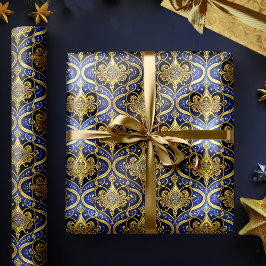 Blauw Goud Kerstmispatroon#30 ID1009 Cadeaupapier