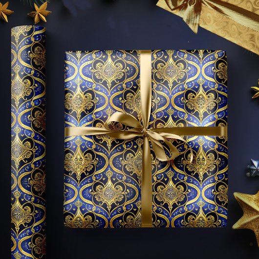 Blauw Goud Kerstmispatroon#30 ID1009 Cadeaupapier