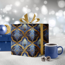 Blauw Goud Kerstmispatroon#31 ID1009 Cadeaupapier