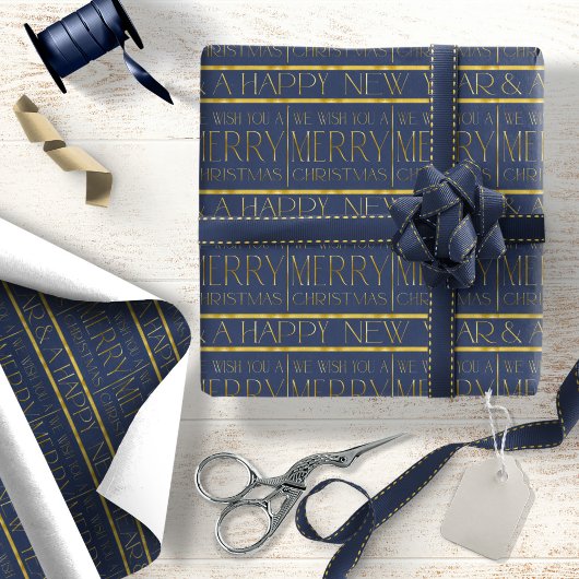 Blauw Goud Kerstmispatroon#34 ID1009 Cadeaupapier