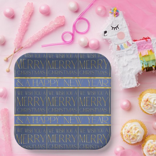 Blauw Goud Kerstmispatroon#34 ID1009 Papieren Bordje (Feest)