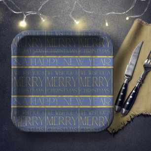 Blauw Goud Kerstmispatroon#34 ID1009 Papieren Bordje