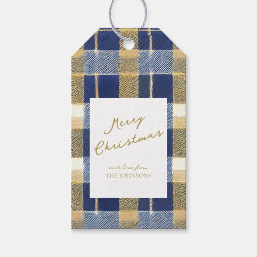 Blauw Goud Kerstmispatroon#7 ID1009 Cadeaulabel (Voorkant)