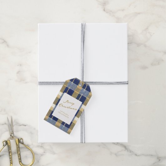 Blauw Goud Kerstmispatroon#7 ID1009 Cadeaulabel (Met Touw)