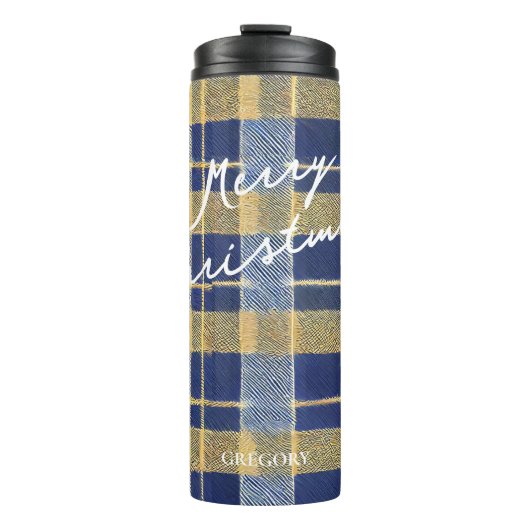 Blauw Goud Kerstmispatroon#7 ID1009 Thermosbeker (Voorkant)