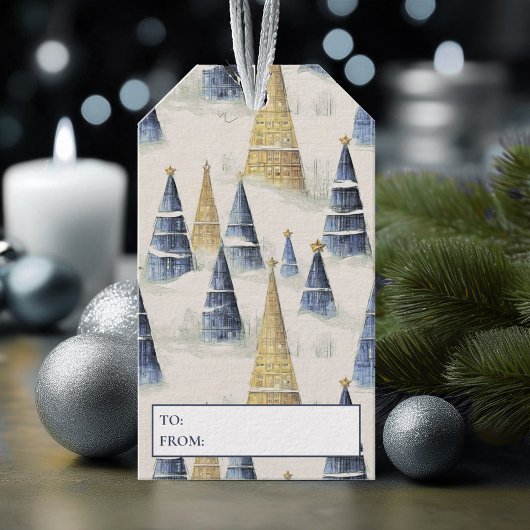 Blauw Goud Kerstmispatroon#8 ID1009 Cadeaulabel