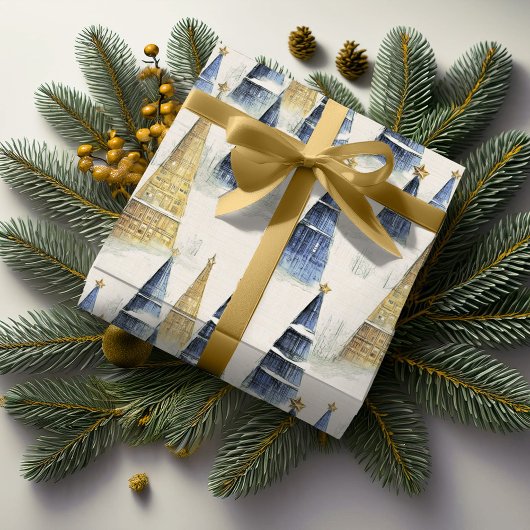Blauw Goud Kerstmispatroon#8 ID1009 Cadeaupapier