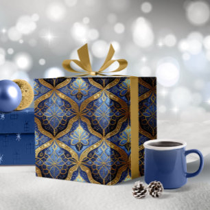 Blauw Goud Kerstpatroon#31 ID1009 Cadeaupapier
