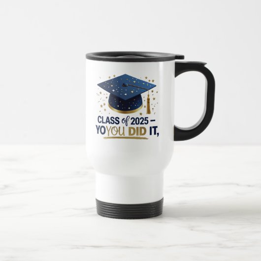 Blauw & Goud Klasse van 2025 Afstuderen Travel Mug Reisbeker (Rechts)