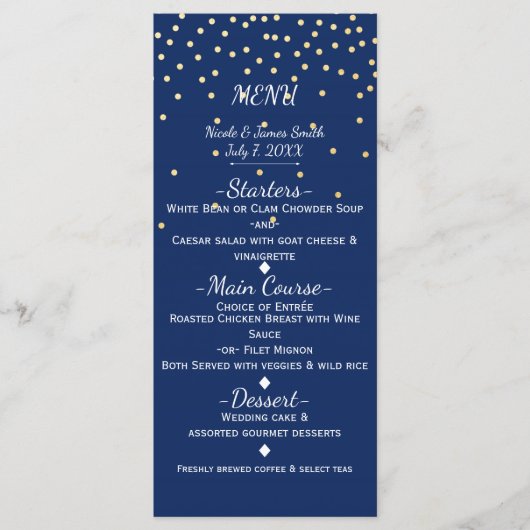 Blauw & Goud Kleine Confetti Trouwmenu Menu (Voorkant)